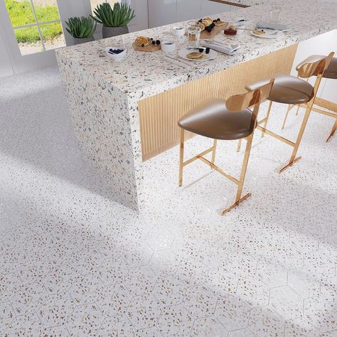 Kitchens of Instagram on Instagram: “These @thetileclub Terrazzo tiles make for a gorgeous kitchen 🤩 Link in bio for @thetileclub Desert Sand Terrazzo Hex Porcelain Tile…” Terrazo Island Kitchen, Kitchen Backsplash Terrazzo, Terrazzo Look Tile, Basement Tile, Terrazo Flooring Cafe, Tile Floor Ideas, Cement Terrazzo, Terrazzo Tiles Bathroom Tilebar, Wood Look Tiles