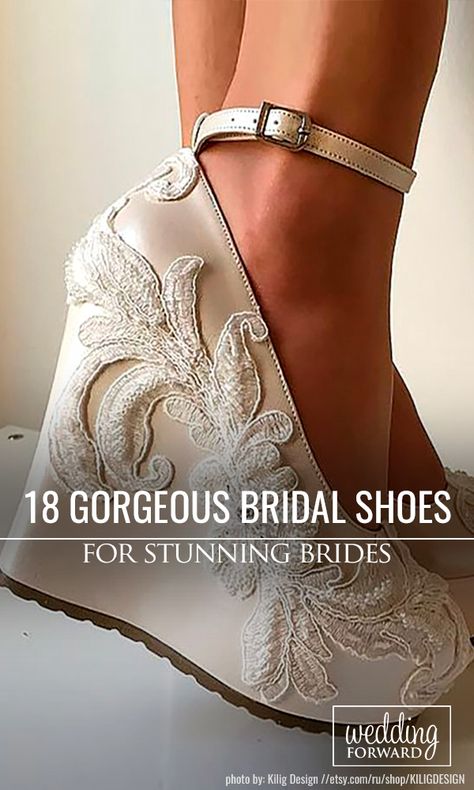 18 Gorgeous Bridal Shoes For Stunning Brides❤ When you have already picked the right dress a new important issue comes up – wedding shoes. Check out our listing of the best bridal shoes for perfect look. See more: http://www.weddingforward.com/gorgeous-bridal-shoes/ #weddings #shoes Bottom Of Wedding Shoes, Shoes To Wear With Wedding Dress, Bridal Shoes Platform, Lace-up Wedding Shoes For Ceremony, Bride Shoes Wedding Heels & Wedges, Lace-up Wedding Shoes With Laces For Bridal Shower, Elegant Lace-up Wedding Shoes With Rhinestones, Customizable Lace-up Wedding Shoes For Bride, Platform Bridal Shoes