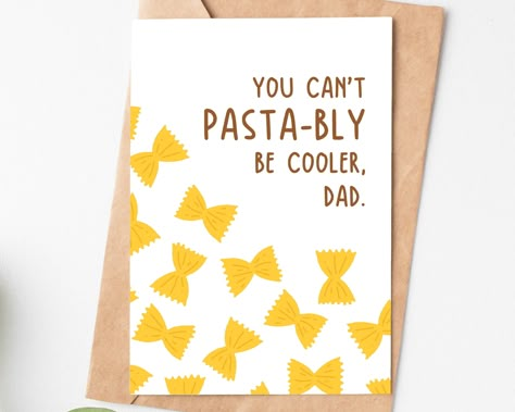 This "You Can't Be Pasta-bly Be Cooler Dad" card will definitely a perfect gift to your daddy on this Fathers Day or his birthday. Grab one then send it to him to make him happy! .: White sealable envelope included for each card .: Two size options available: 3.5"x5" and 5"x7" .: 111# Matte Cover - Triple coated to boost to the contrast of your photos and allows for flawless ink transfer and adhesion resulting in exceptional image quality with very little glare .: High quality printing technique