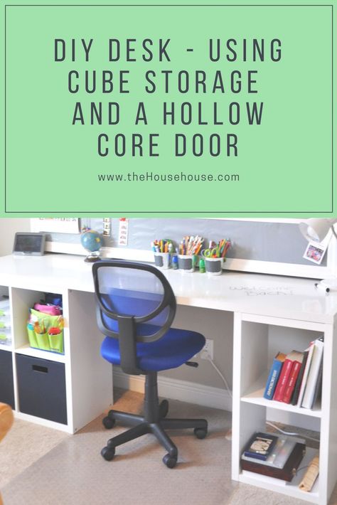 See how we made this easy desk on a budget using a hollow core door and some simple cube storage.  #diydesk #diyeasydesk #hollowdoor #diykidsdesk Cube Bookshelf Desk, Cubby Hole Desk Ideas, Desk Out Of Cube Storage, Diy Cube Desk, Door Desk Diy, Cube Shelf Desk, Storage Cube Desk, Cube Storage Desk, Cheap Diy Desk