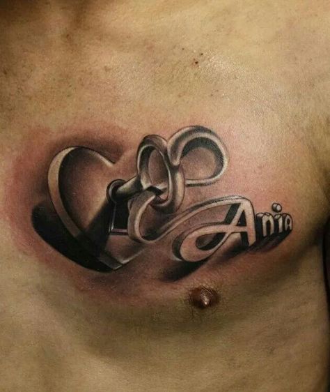 This is a great idea for my chest but with color and my sons name! Heart Tattoo With Names For Men, Wife Name Tattoo For Men On Chest, Name On Chest Tattoo, Wifes Name Tattoo Ideas For Men, Tattoos With Kids Names For Moms Boys Sons, Girlfriend Tattoos For Men, Tattoos With Kids Names For Moms Boys, Girlfriend Name Tattoos For Men, Children Name Tattoo Ideas For Men