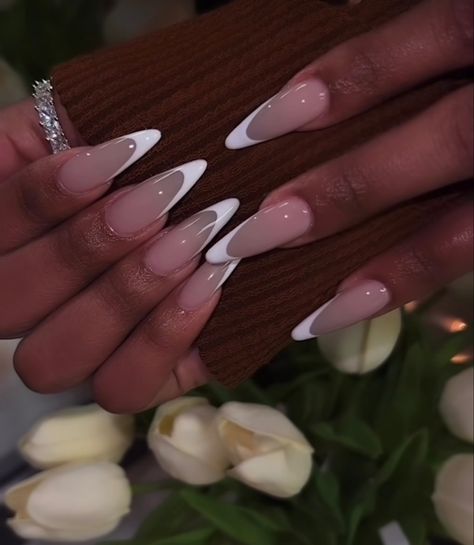 Deep Almond French Tips, Stiletto Vs Almond Nails, Long White Tip Acrylic Nails, Narrow Almond Nails, Stilleto Nail Idea, Stiletto Nails Winter, Stiletto French Tips, Long Almond French Tip Nails, Pointed Almond Nails