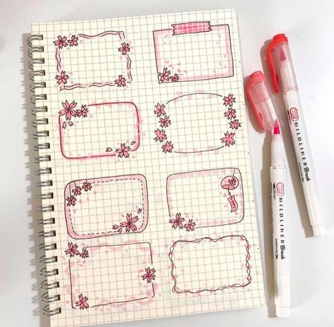 Cute Note Decorating Ideas, Doodles For Journals, Journal Headers Ideas, Lined Journal Ideas, Sakura Doodle, Bujo Layout Ideas, Doodling Notebook, Study Doodles, Journal Design Ideas