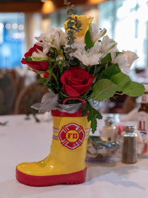 Firefighter Table Centerpieces, Firefighter Centerpieces, Firefighter Table Decorations, Fire Department Centerpiece Ideas, Fire Dept Retirement Party Ideas, Fire Banquet Centerpieces, Firefighter Centerpiece Ideas, Fire Banquet Decorations, Fireman Retirement Party Ideas