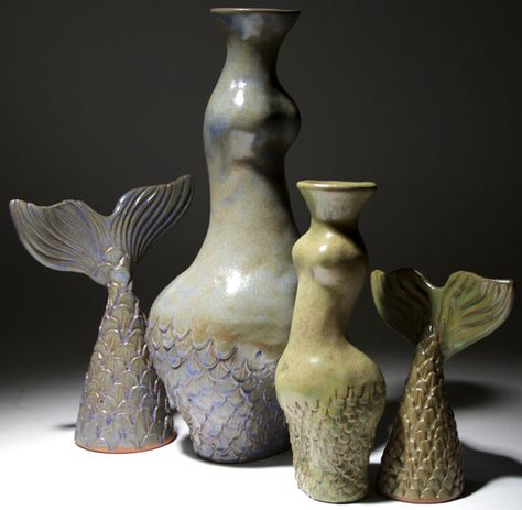 gallery Ceramic Mermaid Sculpture, Mermaid Ceramics, Mermaid Vase, Clay Mermaid, Clay Bottles, Ceramic Totems, Ceramic Mermaid, Animal Clay, Mermaid Inspiration