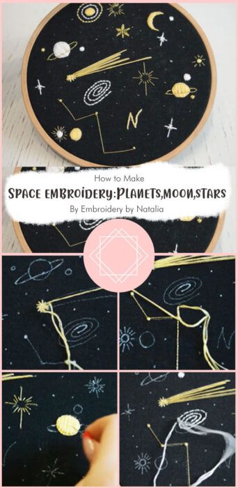 Space Embroidery (Planets, Moon, Stars) - Free Tutorial Ideas - Carolinamontoni.com Moon Stars Embroidery, Moon And Star Embroidery, Embroidery Planets, Space Embroidery Pattern, Planets Embroidery, Space Embroidery, Moon Embroidery, Embroidery Ornaments, Blackwork Cross Stitch