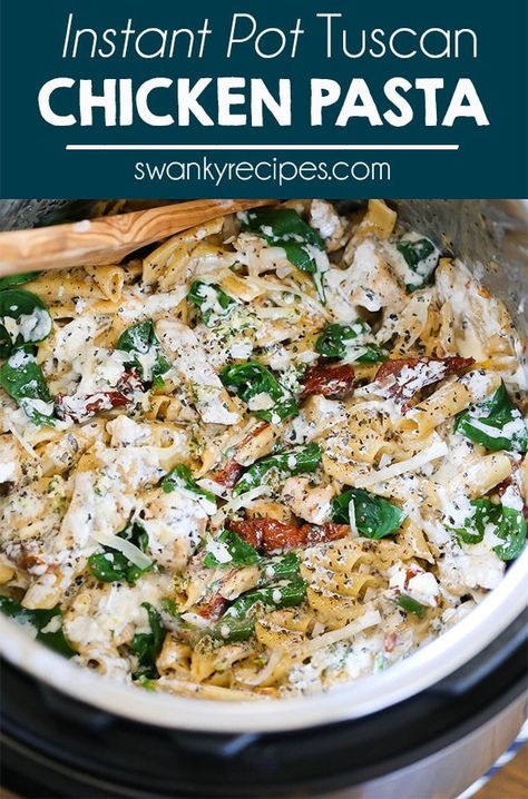 Instant Pot Tuscan Chicken Pasta - A 5 minute one pot pressure cooker recipe. This Italian pasta is made a creamy parmesan cream cheese sauce, and chicken breasts. The BEST Instant Pot pasta recipe to try! Instant Pot Tuscan Chicken Pasta, Instant Pot Tuscan Chicken, Pressure Cooker Recipe, Tuscan Chicken Pasta, Instant Pot Pasta Recipe, Chicken Spinach, Chicken Pieces, Tuscan Chicken, Creamy Parmesan