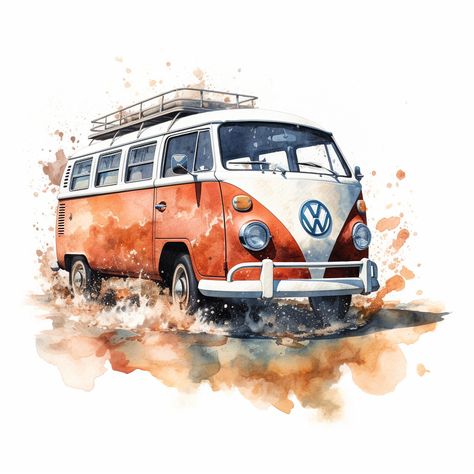 Bus Art, Clean White Background, Vw Art, Aqua Art, Automotive Artwork, Travel Painting, Vw T4, Vw Porsche, Art Van