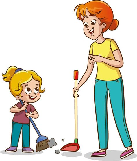 Family housework. Parents and kids clean up house cartooon vector People Cleaning Drawing, Cleaning Environment Drawing, Cleaning Clipart Cute, Kids Cleaning Cartoon, Cleaning Cartoon, Flower Border Clipart, Alphabet Worksheets Kindergarten, School Illustration, Kids Cleaning