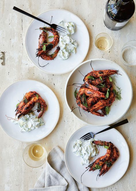 Bavel's Harissa Prawns with Zucchini Tzatziki — Edible LA Shrimp Zucchini, Grilling Guide, Spicy Prawns, Grilled Prawns, Dried Peppers, Prawn Recipes, Large Shrimp, On The Grill, Orange Zest