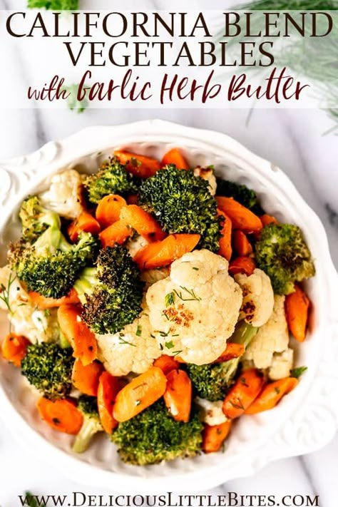 Fresh vegetables, herbs, and garlic butter are featured in this simple 30-minute side dish. This is an easy recipe for the holidays, but also pairs wonderfully with most entrees for a quick weeknight dinner. Roasted California Blend Vegetables with Garlic Herb Butter is a delicious and nutritional accompaniment to any meal. | #californiablend #californiablendvegetables #roastedvegetables #sidedish #thanksgiving California Blend Vegetables, California Veggie Mix Recipes, Steamed Vegetable Medley, California Vegetables, California Mixed Vegetable Recipes, California Mix Vegetables Recipes, Roasted California Blend Vegetables, California Vegetable Blend Recipes, Normandy Blend Vegetables Recipe