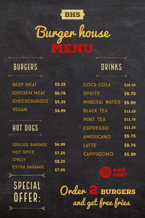 burger menu Menu Maker, Menu Design Inspiration, Home Burger, Food Truck Menu, Social Graphics, Burger Menu, Hot Spices, Adobe Express, Grilled Sausage