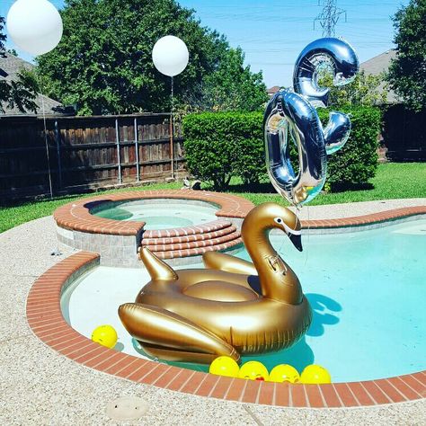 Pool party, golden swan, 30, 24 in white balloon Birthday Pool Party Ideas, Pool Party Ideas, Birthday Pool Party, Anna Claire, Golden Birthday, Pool Birthday Party, White Balloons, Inflatable Pool, 30th Birthday