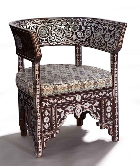 Syrian chair Syrian Furniture, Arabic Furniture, Inlaid Furniture, Islamic Furniture, Barrel Vault, Ethnic Furniture, Mediterranean Restaurant, Arabic Decor, Regency Furniture