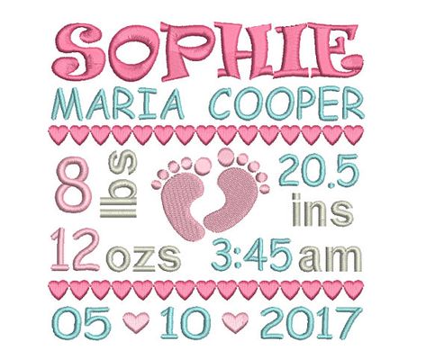 Baby Birth Announcement Embroidery Design, Subway Art, Customized Baby Birth Stats, Baby Feet Machine Embroidery, AM/PM, 3 Sizes F509-5 Birth Announcement Design, Birth Announcement Template, Baby Birth Stats, Baby Information, New Embroidery Designs, Baby Stats, Birth Announcement Boy, Embroidery Template, Baby Birth Announcement