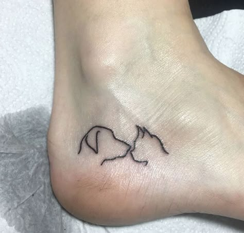 Half Dog Half Cat Tattoo, Floral Cat And Dog Tattoo, Dog And Cat Outline Tattoo, Cat And Dog Matching Tattoo, Cat Walking Tattoo, Dog Lover Tattoo For Women, Cat Ankle Tattoo, Pet Lover Tattoo, Dog And Cat Tattoo Together