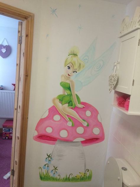 Tinkerbell mural by Janine smith Bathroom Door Painting Ideas, Mural Design Wall, Disney Mural, Door Painting Ideas, Indian Home Decor Ideas, Playroom Mural, Disney Princess Room, Door Painting, Tinkerbell And Friends