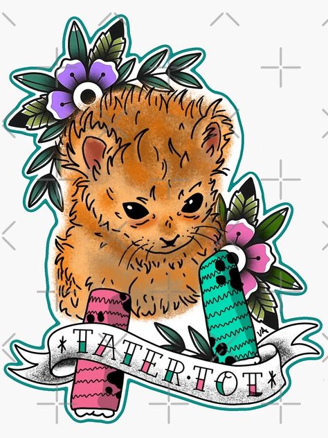 "Tater Tot Tattoo" Sticker for Sale by KittyCrusAIDe | Redbubble Tater Tot Tattoo, Tater Tot Kitten, Tattoo Sticker, Tattoo Flash, Crazy Cat, Creative Tattoos, Tattoo Stickers, Cat Tattoo, Crazy Cat Lady