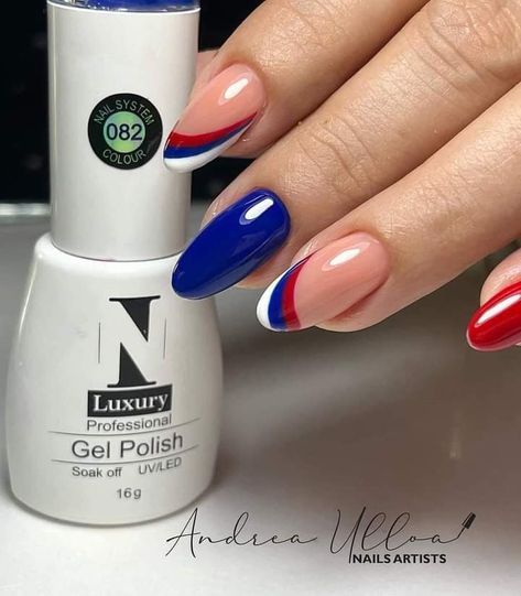 White Red And Blue Nails, Red Blue Nail Designs, Blue White And Red Nails, Royal Blue And Red Nails, Red And Blue Almond Nails, Red Blue And White Nails, Red And Blue Nail Designs, Red Blue White Nails, America Nails Designs