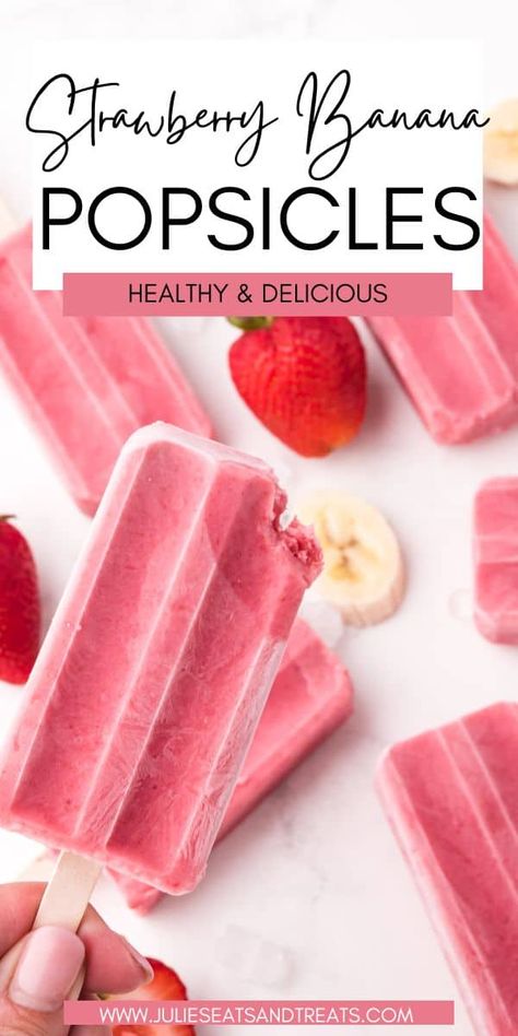 Homemade Strawberry Banana Popsicles are healthy, delicious summer treat that kids love. These easy homemade popsicles are made with strawberries, banana, Greek yogurt and sweetened with honey. So delicious and easy to make for hot summer days. Strawberry Banana Popsicles, Banana Popsicle Recipes, Frozen Popsicles, Frozen Pops, Yummy Fruit Smoothies, Healthy Popsicle Recipes, Banana Popsicles, Strawberry Popsicles, Smoothie Popsicles