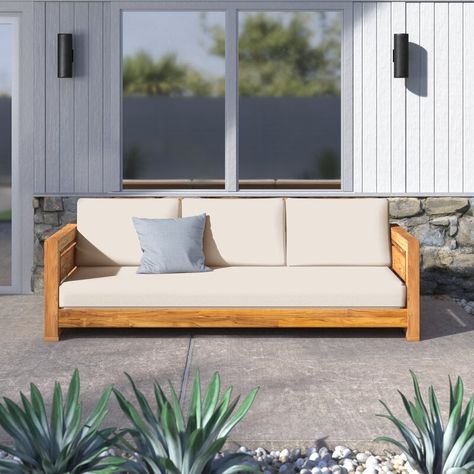 AllModern Drumheller Teak Patio Sofa with Cushions & Reviews | Wayfair Sofa With Cushions, Patio Daybed, Couch Diy, Patio Loveseat, House Outdoor, Outdoor Couch, Patio Sectional, Colourful Cushions, Custom House