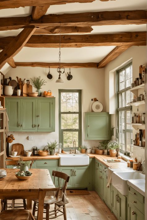 Rustic Farmhouse Kitchen Ideas Country Interior Design, Cottage Home Kitchen, Cooper Kitchen Ideas, Sage Green Cottage Kitchen, Victorian Cottage Kitchen, Clean Cottagecore Aesthetic, British Countryside House Interior, Green Kitchen Cottage, English Countryside Kitchen