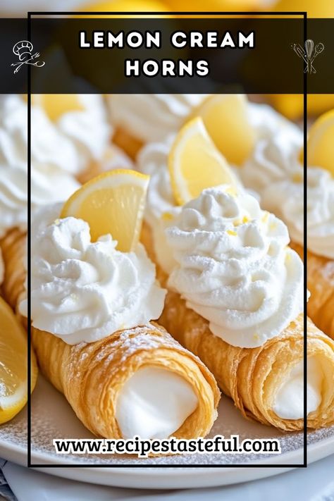 Delightful pastry horns filled with tangy lemon curd and topped with light whipped cream, making for a refreshing and elegant dessert. Lazy Cream Horns Recipe, Lemon Curd Pastries, Cream Horns Recipe, Pastry Horns, Lemon Curd Dessert, Cream Horn Molds, Cream Horns, Puff Pastries, Lemon Curd Filling