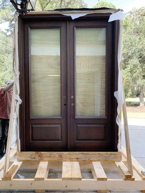 Sharing our new double front doors and why we chose fiberglass front doors with 3/4 glass panels that look like wood. We selected rustic cherry woodgrain from the Architectural Collection by JELD-WEN, which are double glass front doors. Doors that are low maintenance and energy efficient. #coastalhome #frontdoor #doublefrontdoors #fiberglassdoors #glassdoors #glassfrontdoor #modernfrontdoor #moderndoors #customfrontdoors #jeldwendoors #jeldwen Jeld Wen Doors, Buy Front Door, Glass Front Doors, Devon House, Coastal Oak, French Front Doors, Double Door Entrance, House Entry, Fiberglass Exterior Doors