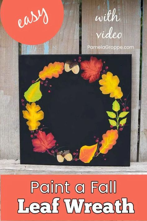 Paint a Fall Leaf wreath in acrylics. An easy beginner friendly painting tutorial in Autumn colors. Paint this design on different backgrounds, on DIY signs or other gift ideas. Mix up the leaf designs for your own unique painting. How To Paint A Leaf, Fall Leaf Painting, Fall Leaf Wreath, Black Background Painting, Kids Painting Crafts, Fall Leaf Wreaths, Wine Painting, Leaf Designs, Acrylic Painting For Beginners