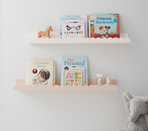 Scalloped Book Ledge | Pottery Barn Kids Nursery Hanging Book Shelves, Scalloped Wall Shelf, Scalloped Bookshelf, Book Shelves Nursery, Olive Nursery, Nursery Wall Shelves, Nursery Book Shelf, Nursery Book Shelves, Nursery Bookshelves