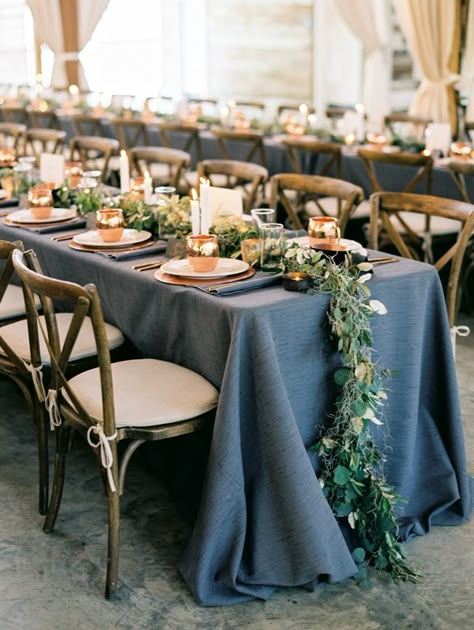 Navy Table Cloth Wedding, Harvest Table Wedding, Greenery Runner, Backyard Wedding Decorations, Wedding Candles Table, Wedding Reception Flowers, Wedding Tablecloths, Wedding Color Inspiration, Reception Flowers