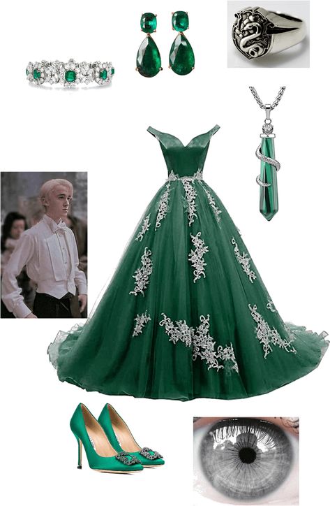 Slytherin Themed Dress, Harry Potter Quinceanera Dress, Harry Potter Vestidos, Draco Malfoy Yule Ball Outfit, Slytherin Wedding Dress, Yule Ball Dress Slytherin, Slytherin Prom Dress, Slytherin Aesthetic Clothes, Harry Potter Yule Ball Dresses