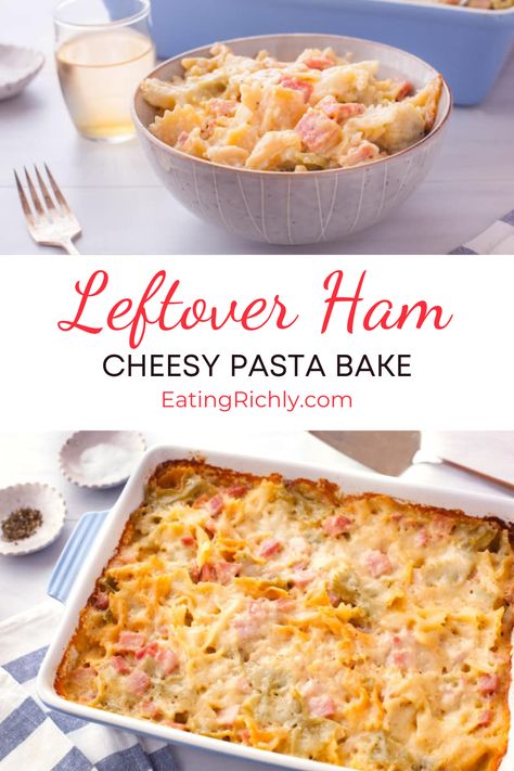 delicious cheesy ham pasta dish on table in rectangle baking dish Ham Pasta Bake, Ham Pasta Recipes, Easy Pasta Bake, Ham And Cheese Pasta, Ham Leftovers, Ham Pasta, Cheesy Pasta Bake, Pasta Bake Easy, Pasta Bake Recipe