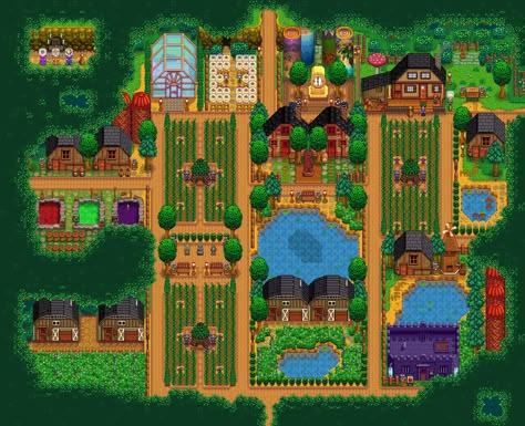 Stardew Valley Farm Layout, Stardew Valley Farm, Stardew Farms, Forest Farm, Stardew Valley Layout, Stardew Valley Tips, Types Of Farming, Stardew Valley Farms, Valley Game