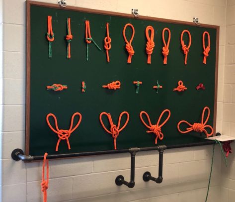 Fire department knot board Firefighter Props Training, Fire Training Ideas, Firefighter Training Props, Firefighter Training Drills, Fire Hose Crafts, Fire Dept Decor, Fire Department Decor, Knot Board, Fire Truck Room