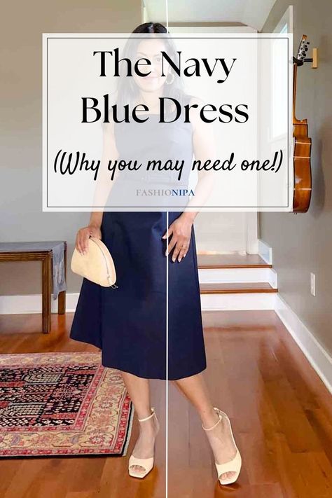 Image of a woman in a navy blue dress, holding a semi-circle shaped handbag and wearing bisque colored sandals.  The text overlay reads"The Navy Blue Dress (Why you may need one!) Navy Maxi Dress Outfit, Navy Blue And Cream Outfit, Navy Blue Dress Outfit Casual, Navy Dress Accessories, Navy Blue Dress Accessories, Navy Dress Outfit, Navy Blue Dress Outfit, Blue Dress With Sleeves, Sheath Dress Outfit