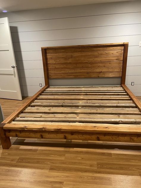 Bed Frames To Build, Queen Size Wood Bed Frame, Homemade King Bed Frame, Farmhouse Bed Headboard Ideas, Wood Bed Frames Rustic, Full Size Bed Frame Wood, King Size Frame And Headboard, Wood King Beds, Wood Bed Frames Diy