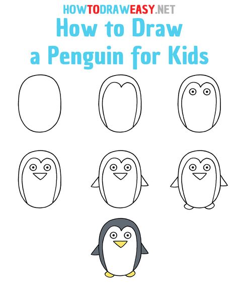 How to Draw a Penguin for Kids - How to Draw Easy How To Draw Penguin Easy, Penguin Step By Step Drawing, Directed Drawing Penguin, Drawing A Penguin, How To Draw For Preschoolers, How To Draw Preschool, How To Draw Kindergarten, Draw Penguin Easy, Penguin Drawing Easy Step By Step