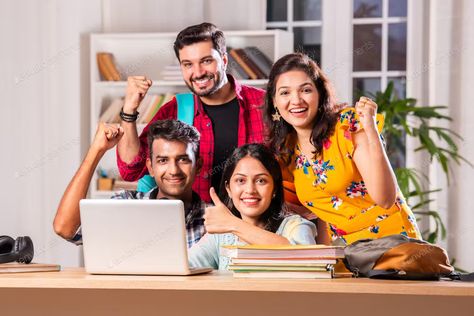 Indian asian four college or university students using laptop together, Photos - Envato Elements Indian Students Photos, Admissions Poster, Student Photo, Digital Education, Blog Video, Template Site, Music Logo, Royalty Free Music, Music Design