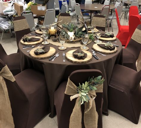 Camo Table Decorations, Hunting Theme Table Centerpieces, Hunting Table Decorations, Hunting Theme Party For Men, Hunting Table Decor, Senior Serve Table Themes, Senior Serve Table Ideas, Senior Serve Table, Wild Game Dinner Decorations