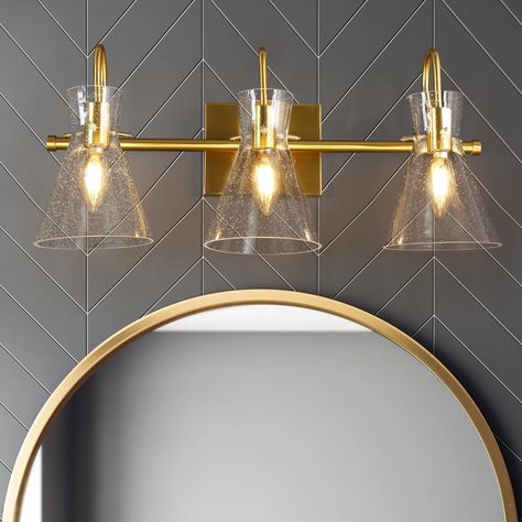 Gold Bathroom Fixtures, Modern Bathroom Light Fixtures, Brass Vanity Light, Brass Vanity, Modern Vanity Lighting, Gold Ceiling Light, Modern Bathroom Lighting, Bronze Bathroom, Bathroom Vanity Light