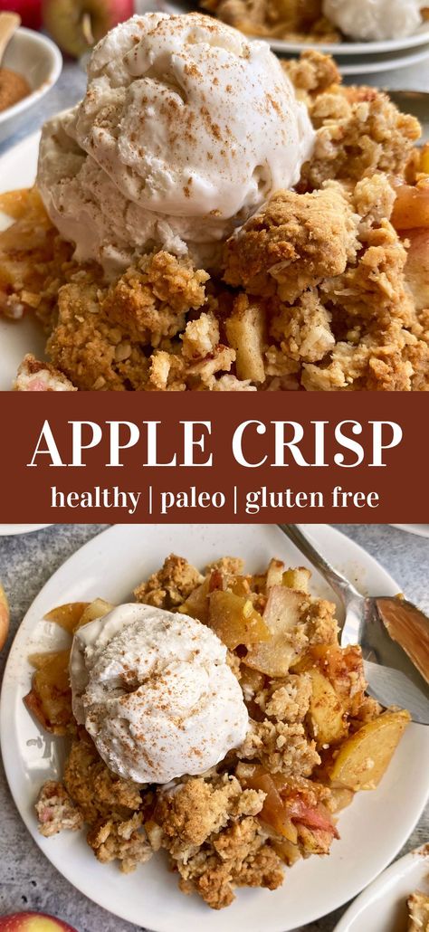 This healthy paleo apple crisp recipe has a juicy apple filling that's lightly sweetened with honey and topped with a nut free crumble topping. This recipe is paleo, gluten free, nut free and easily made vegan. #applecrisp #vegan #paleodessert #applerecipe Paleo Apple Dessert, Paleo Apple Recipes, Dairy Free Apple Crisp, Sugar Free Apple Crisp, Plant Based Butter, Paleo Apple Crisp, Nut Free Desserts, Healthy Apple Crumble, Paleo Apple