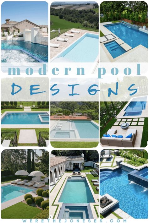 Best Pool Designs Modern, Rectangle Pool Concrete Ideas, Rectangle Modern Pool, Rectangle Pool Patio Ideas, Rectangle Pools Backyard, Rectangle Pool Landscaping Ideas, Over The Ground Pool Ideas, Simple Elegant Pools, Rectangle Pools With Spa