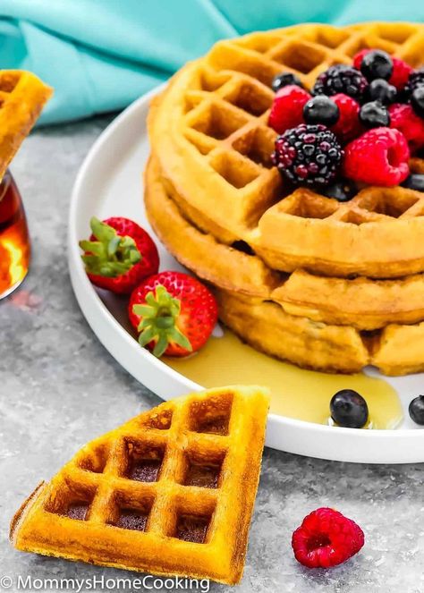 This is my staple recipe for golden and buttery Eggless Waffles! They’re perfectly crispy on the outside and fluffy on the inside. This recipe has no eggs…and you won't even notice a difference! @mommyhomecookin #recipe #eggfree #eggless #egglessbaking #eggallergy #breakfast #waffles #easy No Egg Waffles, Waffles No Eggs, Waffle Recipe No Eggs, Egg Free Waffles, Eggless Waffle Recipe, Egg Waffle Recipe, Eggless Breakfast, Cookies Eggless, Belgian Waffles Recipe