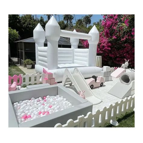 Make your wedding or party a colourful and fun-filled event with our 13x13ft Commercial Inflatable Pastel Bouncy Castle. Perfect for all ages and occasions, the castle is made from durable PVC Tarpaulin and comes with a 3-year warranty. Choose from white or pink or customise the colour to match your theme. It's easy to set up and includes a repair kit and air blower. #BouncyCastle #InflatableTent #PartyFun #WeddingCelebration #ColourfulCastle #PortableTent 😃🎉🏰 Pink Bouncy Castle, White Soft Play, White Playground, Kids Entertainment Wedding, Kids Bouncy Castle, White Bounce House, Kids Room Interior Design, Soft Play Equipment, Portable Tent