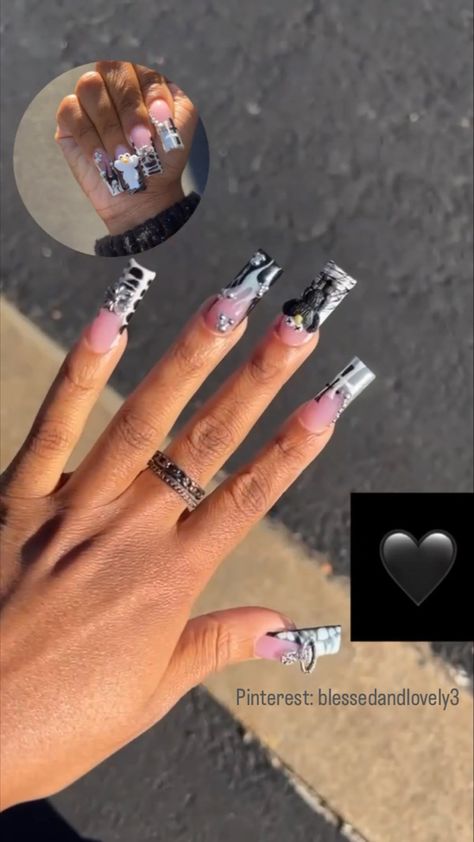 Nail Designs Chrome Heart, Black White Chrome Nails, Black White And Silver Acrylic Nails, Black And White Kaws Nails, Silver Chrome And Black Nails, Black And Silver Chrome Nails Designs, Grey Kaws Nails, White Kaws Nails, Black And White Chrome Nails