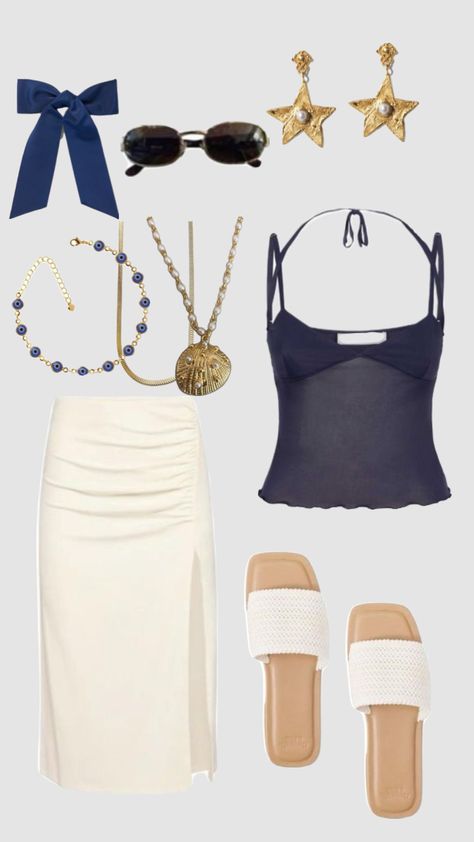 Mama Mia inspired fit #beachyfits #mamamia #goldengirl #gold #blueandwhite #blueoutfit #preppy #ootd #coolgirloutfit #outfit #sunbum #bowaesthetic #croquette #beachyaesthetic #greecesummer #greeceoutfits Mama Mia Outfits, Mia Outfits, Preppy Ootd, Cool Girl Outfits, Beachy Aesthetic, Sun Bum, Mama Mia, Golden Girl, Blue Outfit