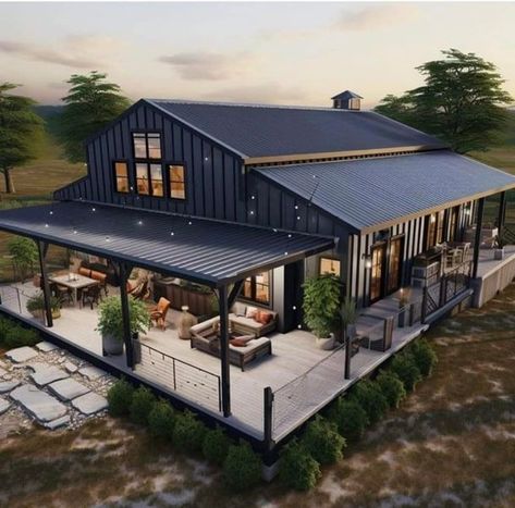 Barndominium Blueprints | Facebook True Barndominium, Warehouse Home Exterior, Barndominium Garage, Barndominium Landscaping, Industrial Barndominium, Metal Barn Homes Barndominium, Black And White Barndominium, Western Houses Ranch Style, Warehouse Home Design