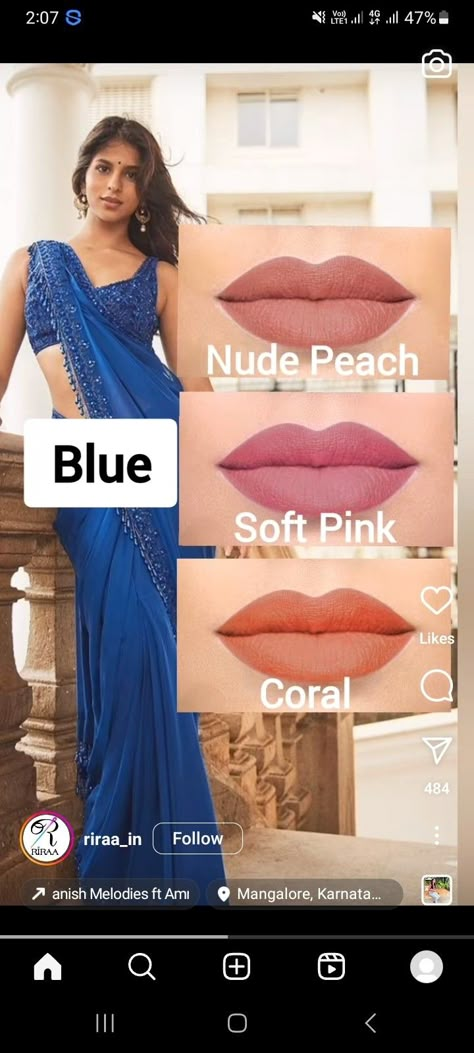 Formal Makeup For Royal Blue Dress, Lipstick For Purple Dress, Lipstick With Purple Dress, Lipstick Color Palette, Peacock Color Dress, Jewelry Pairing, Peacock Blue Dress, Makeup Routine Guide, Saree Colours