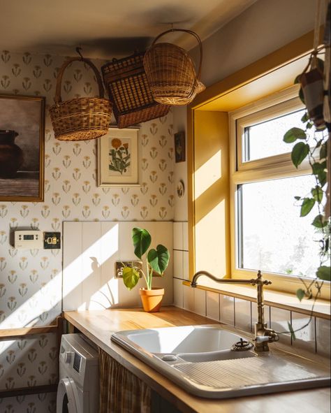 Adding a yellow window frame to our cosy country kitchen to bring the sunshine no matter what the weather. Country Bungalow Interior, Kitchen By The Window, Soft Yellow Kitchen Walls, Yellow Kitchen White Cabinets, Yellow Window Frame, Cosy Country Kitchen, Small Kitchen With Window, Yellow Cottage Kitchen, Coloured Window Frames